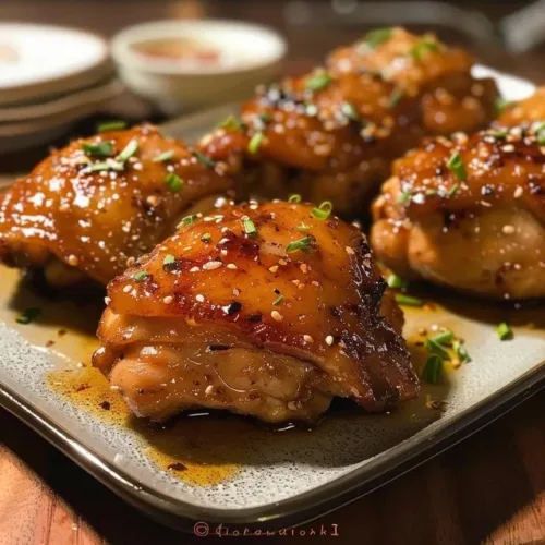 Cozy honey garlic chicken thighs served on a plate with fresh herbs.