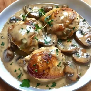 Creamy mushroom chicken thighs served on a plate with herbs