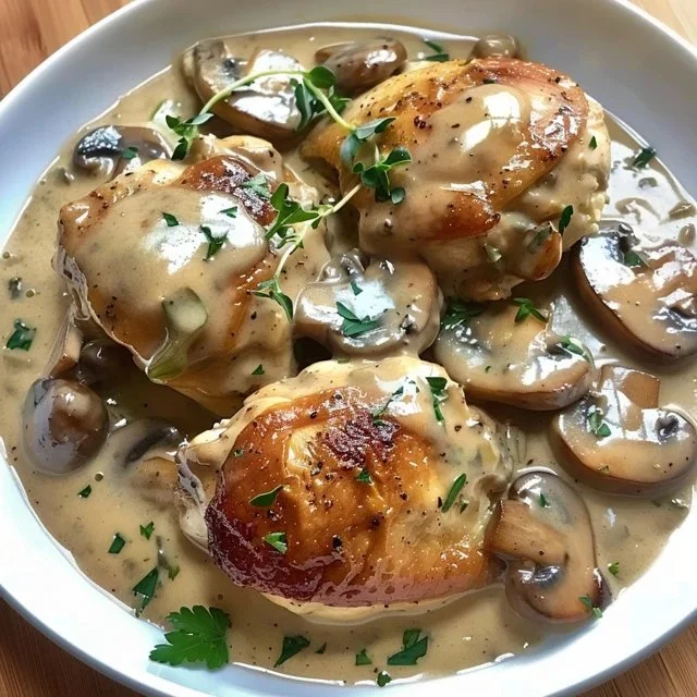 Creamy mushroom chicken thighs served on a plate with herbs