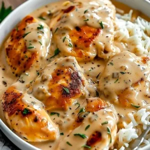 Creamy smothered chicken served with rice for a delicious meal