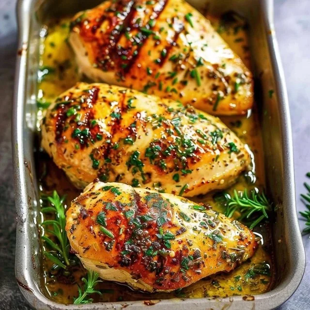 Garlic butter baked chicken breast served with herbs and vegetables