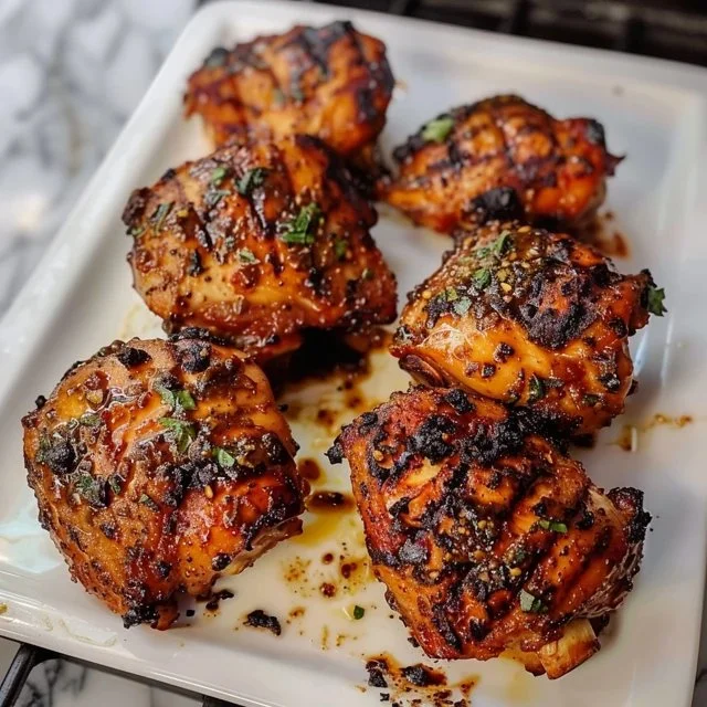 Grilled boneless chicken thighs on a barbecue grill