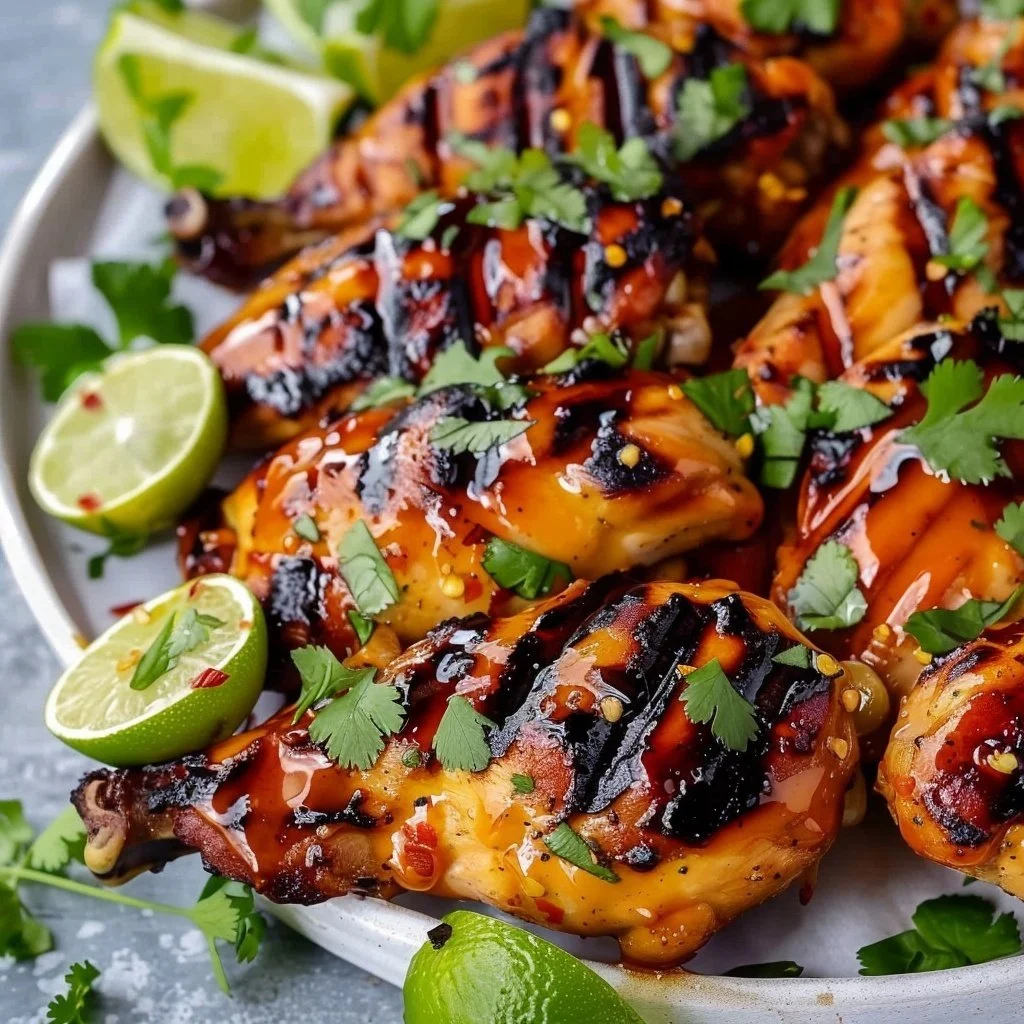 irresistible-grilled-spicy-honey-lime-chicken-2026-03-27-195458 Grilled spicy honey lime chicken garnished with lime and cilantro