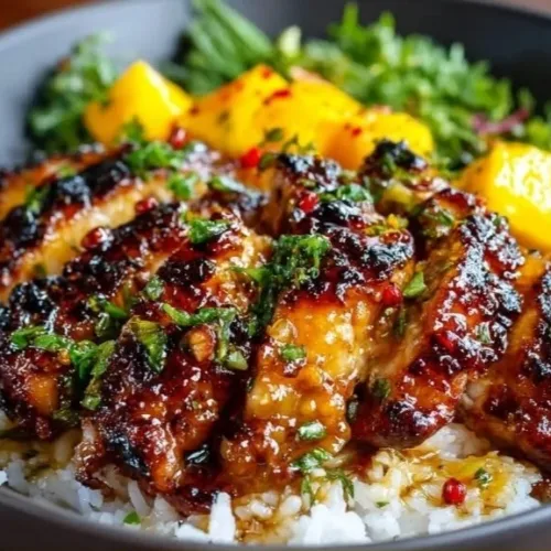 Asian mango glazed chicken served on a plate garnished with herbs