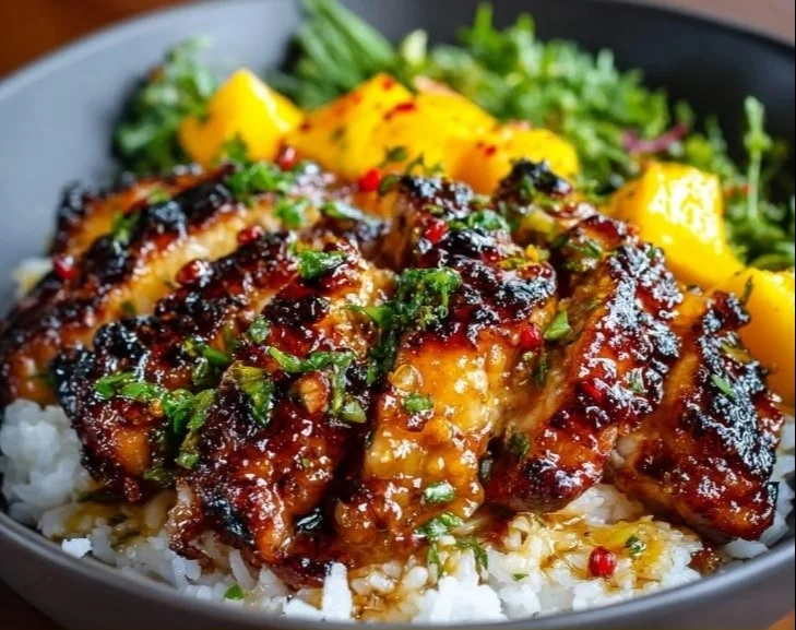 Asian mango glazed chicken served on a plate garnished with herbs