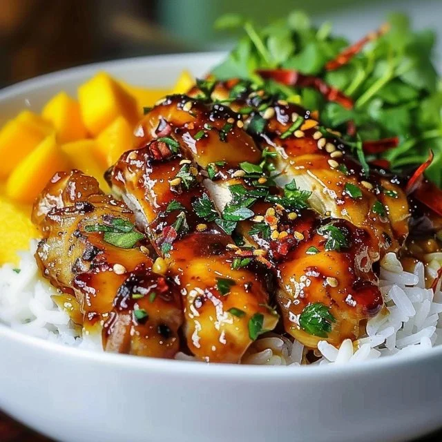 Plate of Asian Mango Glazed Chicken garnished with herbs and served with rice.