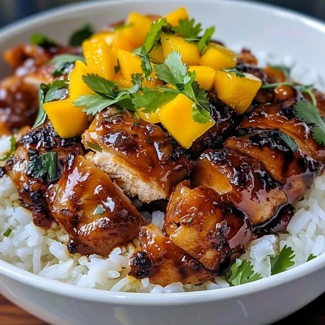 Asian Mango Glazed Chicken Twists dish with vibrant mango glaze