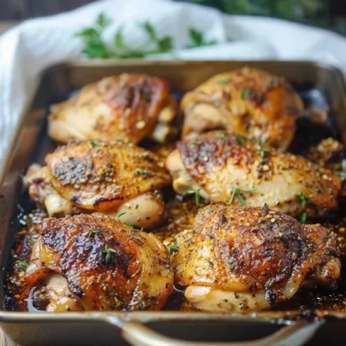 Oven-baked boneless chicken thighs served with fresh herbs and vegetables