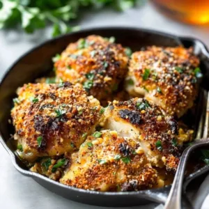 Baked Garlic Parmesan Chicken served on a plate with herbs and spices