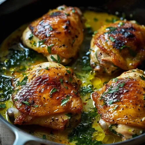 Delicious creamy garlic chicken thighs served on a plate with herbs