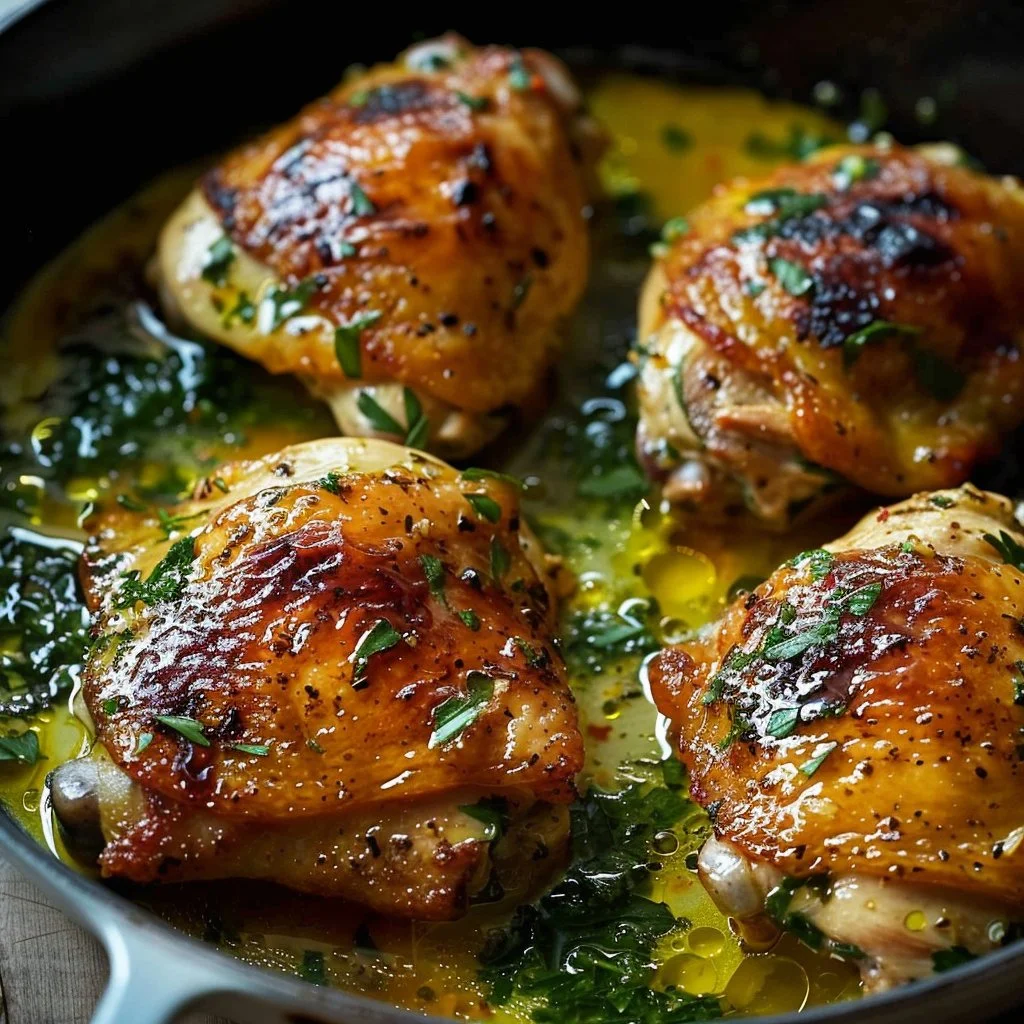 Delicious creamy garlic chicken thighs served on a plate with herbs