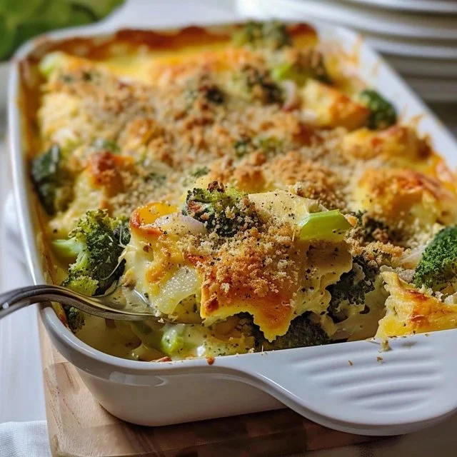A delicious rotisserie chicken casserole topped with cheese and vegetables.
