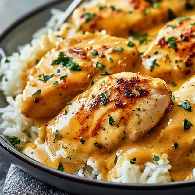 Delicious plate of smothered chicken and rice garnished with herbs