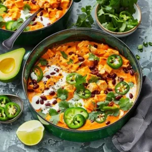 Bowl of delicious Chicken Enchilada Soup topped with cheese and herbs