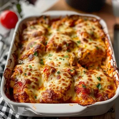 Delicious Chicken Parmesan Casserole topped with melted cheese and fresh herbs