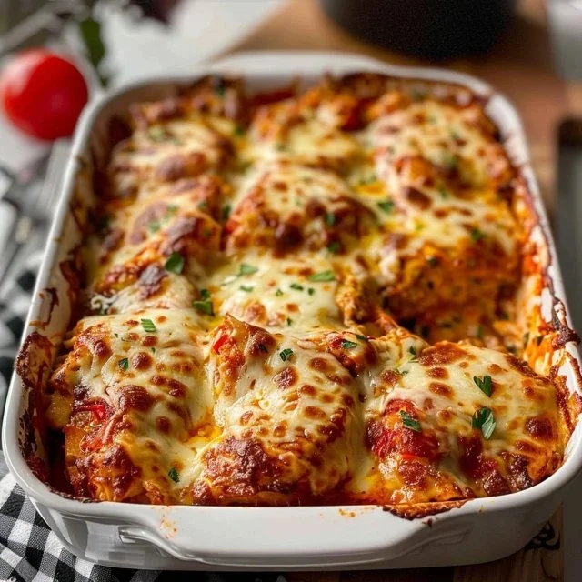 Delicious Chicken Parmesan Casserole topped with melted cheese and fresh herbs