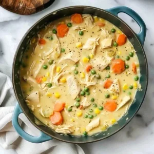 Bowl of Chicken Pot Pie Soup garnished with herbs and vegetables
