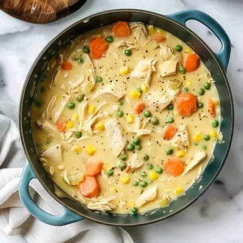 Bowl of Chicken Pot Pie Soup garnished with herbs and vegetables