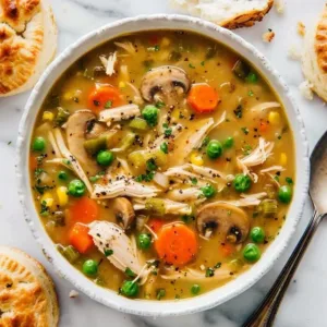 Bowl of creamy Chicken Pot Pie Soup garnished with herbs and vegetables