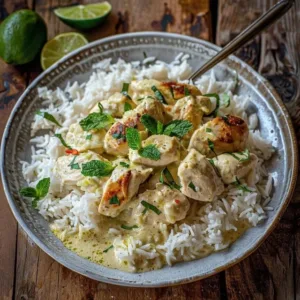 Dish of Coconut Lime Chicken served with rice garnished with lime slices.