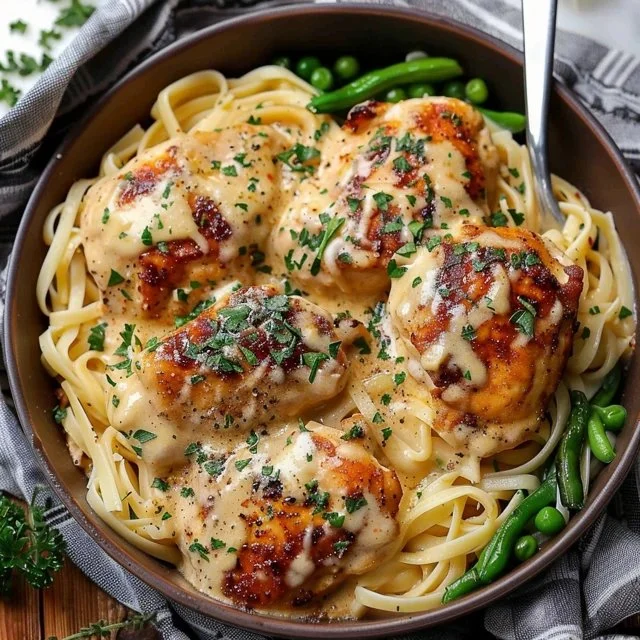 Creamy garlic chicken dinner with herbs and vegetables