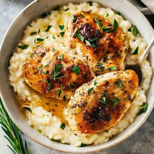 Creamy garlic herb chicken risotto garnished with fresh herbs