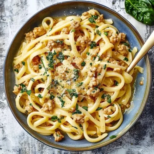 Creamy ground chicken pasta garnished with herbs in a white bowl
