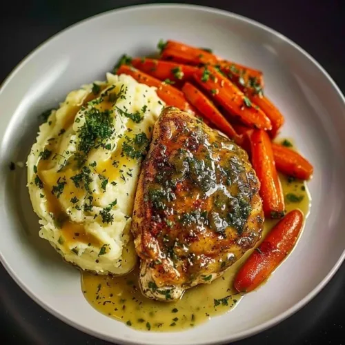 Creamy Herb Chicken plated with mashed potatoes and glazed carrots on a rustic table.