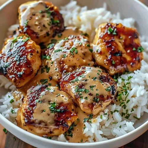 Creamy smothered chicken served with fluffy rice on a plate