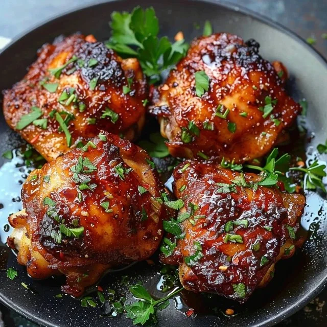 Crispy baked chicken thighs garnished with herbs on a serving plate