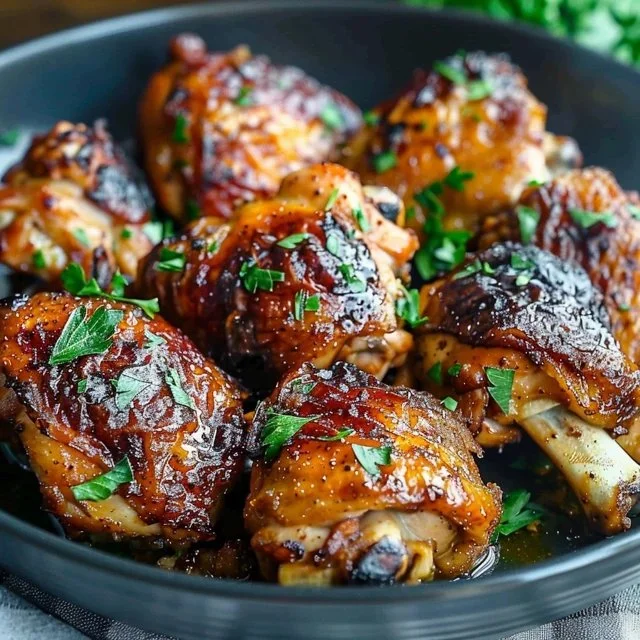 Crispy baked chicken thighs served with herbs and spices on a plate