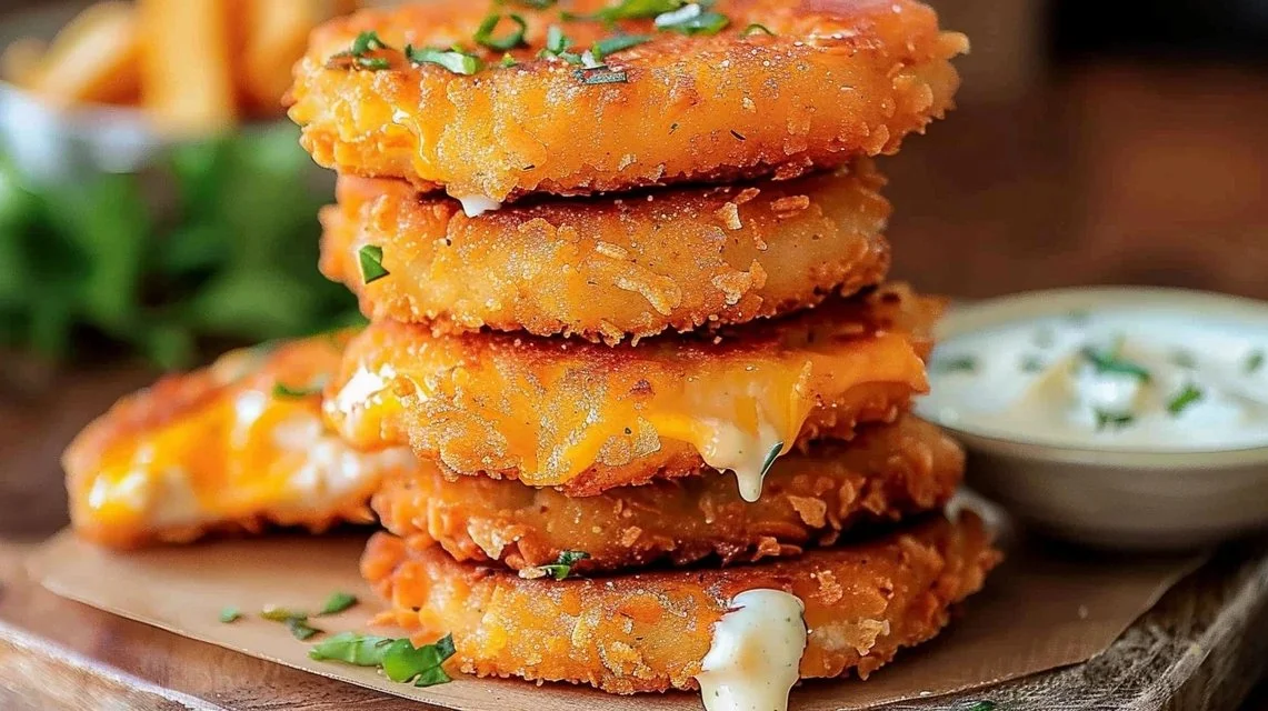 Crispy Cheesy Chicken Patties on a plate garnished with herbs