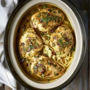 Delicious Easy Crockpot Marry Me Chicken served with creamy sauce and herbs