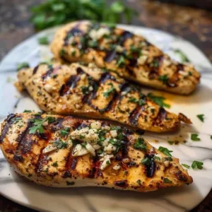 Garlic Parmesan Grilled Chicken cooked on the grill, garnished with herbs