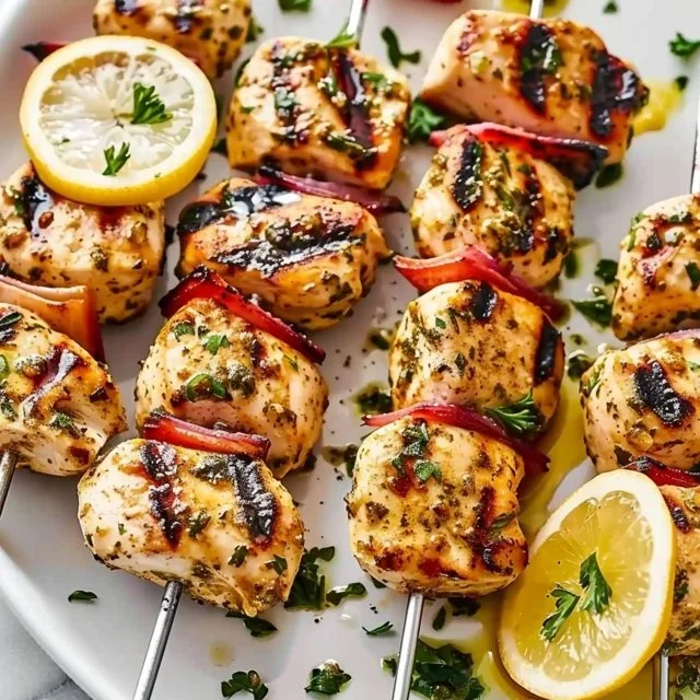 Greek marinated chicken kabobs skewered with vegetables for grilling.