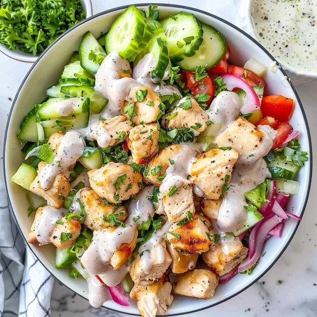 Healthy ranch chicken salad with fresh vegetables and grilled chicken