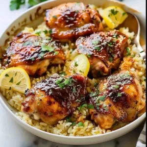 Herb chicken thighs served with rice, garnished with fresh herbs.