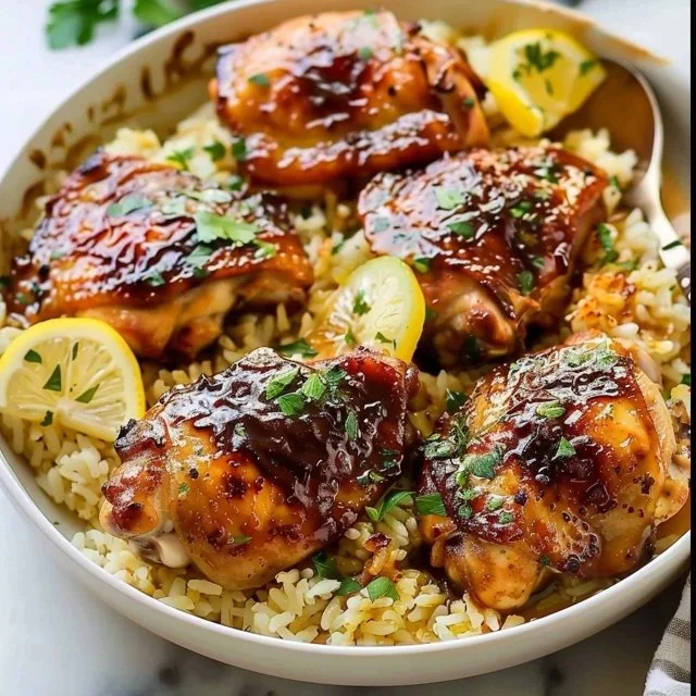 Herb chicken thighs served with rice, garnished with fresh herbs.