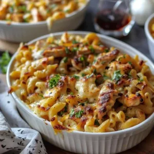 Bowl of high-protein chicken mac & cheese topped with herbs