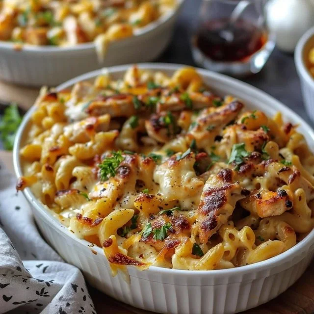 Bowl of high-protein chicken mac & cheese topped with herbs