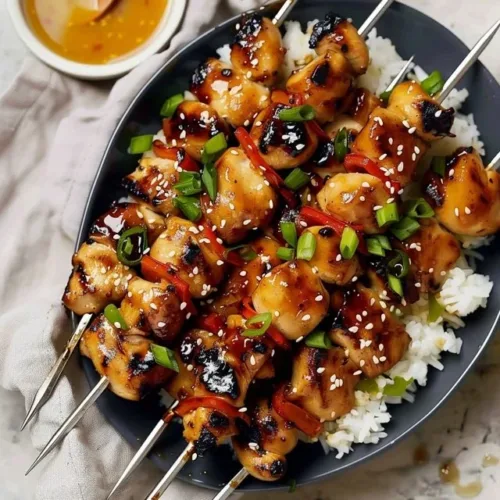 Delicious Honey Garlic Chicken Kabobs on a BBQ grill