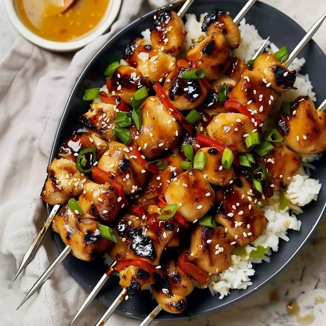 Delicious Honey Garlic Chicken Kabobs on a BBQ grill