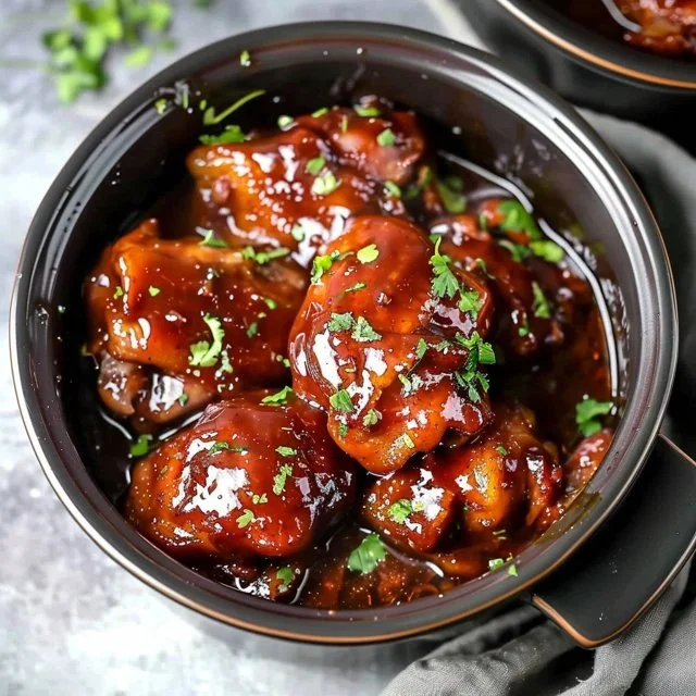 Serving of honey garlic chicken thighs garnished with herbs