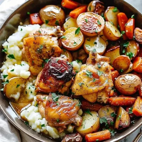One-pan chicken thighs with vegetables ready to serve