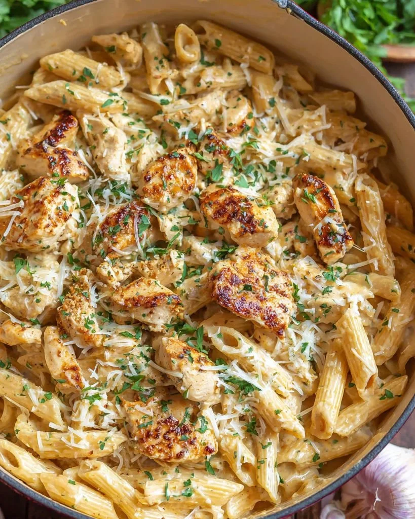 One Pot Creamy Parmesan Chicken Pasta served in a bowl with herbs on top