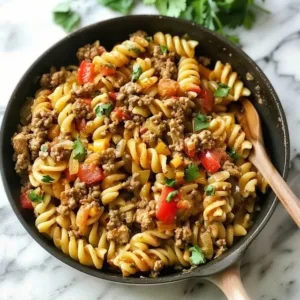 One Pot Ground Chicken Fajita Pasta served in a bowl with colorful vegetables
