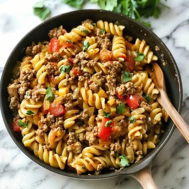 One Pot Ground Chicken Fajita Pasta served in a bowl with colorful vegetables