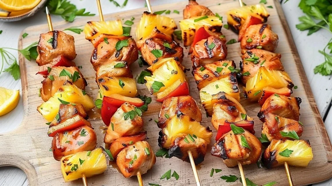Grilled Pineapple Chicken Kabobs served on skewers with vibrant vegetables.