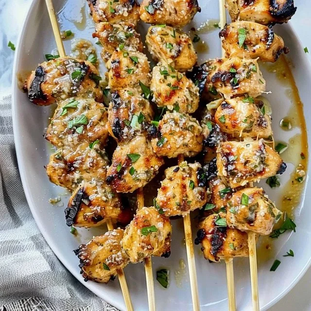 Delicious ranch garlic Parmesan chicken skewers ready to grill