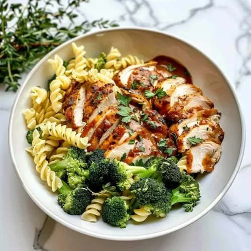 Rotisserie chicken broccoli pasta dish served in a bowl garnished with herbs